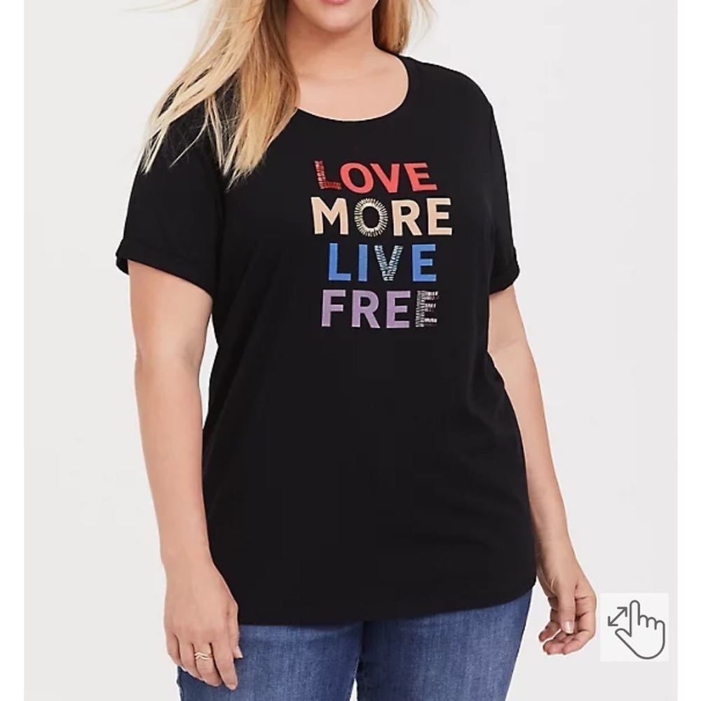 TORRID LOVE MORE LIVE FREE BLACK BEADED CREW TEE